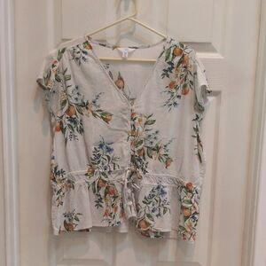 Time and Tru Women's Peplum Citrus Fruit Print Button Front V-Neck Top Size XXXL